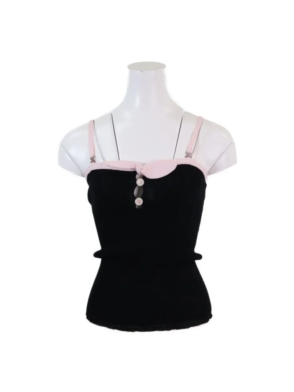 Chanel Rhinestone CC Logo & Lion Button Bow Cotton Rib Knit Nosleeve Camisole 38